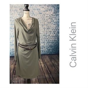 Calvin Klein 14 Green Split Cowl Neck Belted Dress
